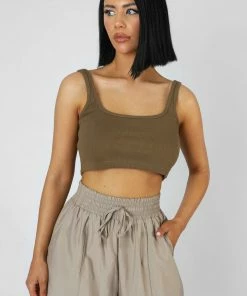Kaiia SQUARE NECK RIBBED CROP TOP KHAKI