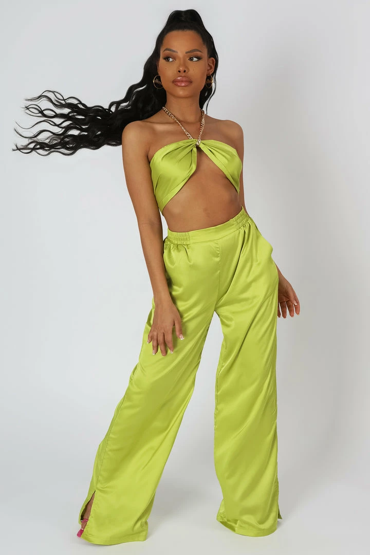 Kaiia WIDE LEG SATIN TROUSERS LIME CLOTHING 5 Kaiia WIDE LEG SATIN TROUSERS LIME CLOTHING