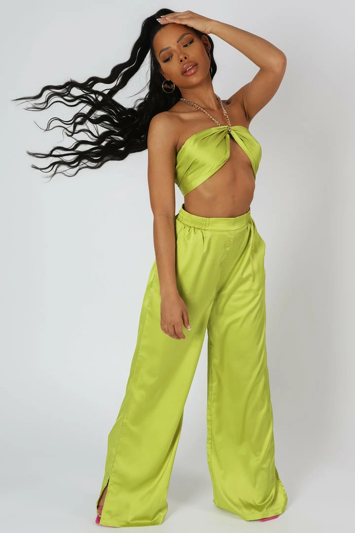 Kaiia WIDE LEG SATIN TROUSERS LIME CLOTHING 6 Kaiia WIDE LEG SATIN TROUSERS LIME CLOTHING