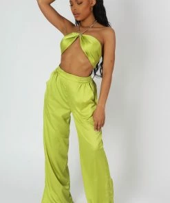 Kaiia WIDE LEG SATIN TROUSERS LIME CLOTHING