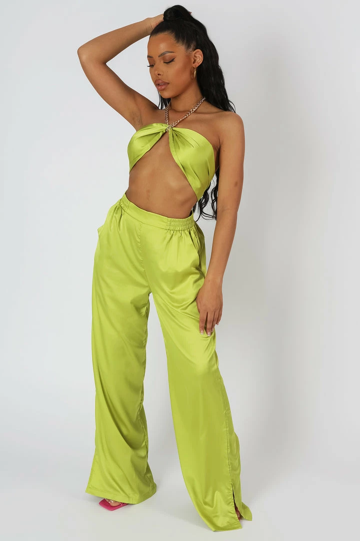 Kaiia WIDE LEG SATIN TROUSERS LIME CLOTHING 4 Kaiia WIDE LEG SATIN TROUSERS LIME CLOTHING