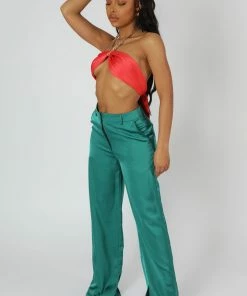 Kaiia CLOTHING WIDE LEG SPLIT HEM SATIN TAILORED TROUSERS GREEN