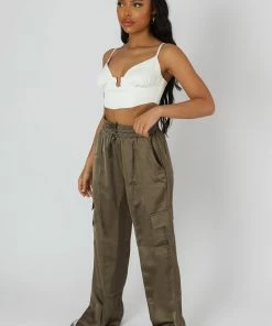 Kaiia SPLIT HEM SATIN ELASTICATED WAIST WIDE LEG CARGO TROUSERS KHAKI CLOTHING