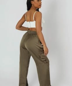 Kaiia SPLIT HEM SATIN ELASTICATED WAIST WIDE LEG CARGO TROUSERS KHAKI CLOTHING