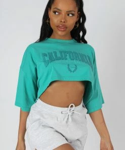 Kaiia CALIFORNIA SUPER CROP T-SHIRT TURQUOISE