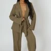 Kaiia SPLIT HEM WIDE LEG TAILORED TROUSERS KHAKI CLOTHING