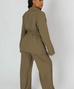 Kaiia SPLIT HEM WIDE LEG TAILORED TROUSERS KHAKI CLOTHING
