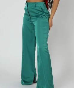 Kaiia CLOTHING WIDE LEG SPLIT HEM SATIN TAILORED TROUSERS GREEN