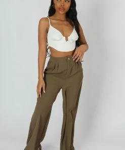 Kaiia SPLIT HEM WIDE LEG TAILORED TROUSERS KHAKI CLOTHING