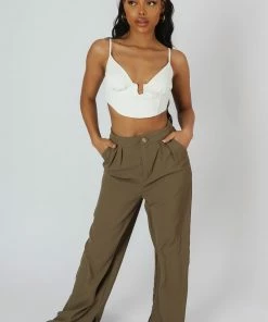 Kaiia SPLIT HEM WIDE LEG TAILORED TROUSERS KHAKI CLOTHING
