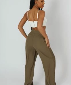Kaiia SPLIT HEM WIDE LEG TAILORED TROUSERS KHAKI CLOTHING