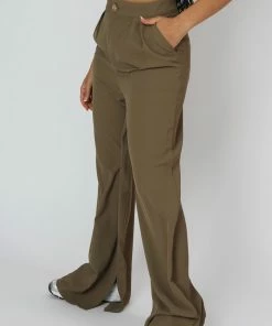 Kaiia SPLIT HEM WIDE LEG TAILORED TROUSERS KHAKI CLOTHING