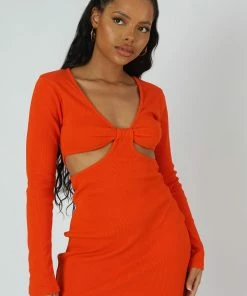 Kaiia WAIST CUT OUT LONG SLEEVE MINI DRESS ORANGE CLOTHING