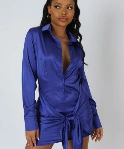 Kaiia CLOTHING TIE WAIST SATIN SHIRT DRESS PURPLE