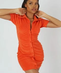 Kaiia TOWELLING RUCHED FRONT DRESS ORANGE CLOTHING