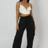 Kaiia SPLIT HEM SATIN ELASTICATED WAIST WIDE LEG CARGO TROUSERS BLACK