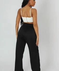 Kaiia SPLIT HEM SATIN ELASTICATED WAIST WIDE LEG CARGO TROUSERS BLACK