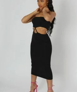 Kaiia CLOTHING STRAPLESS BANDEAU CUT OUT DETAIL MIDI DRESS BLACK