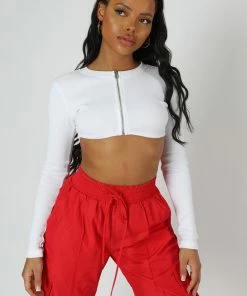 Kaiia CLOTHING ZIP THROUGH UNDERBUST RIBBED TOP WHITE