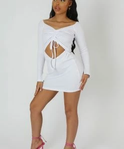 Kaiia CLOTHING BODYCON BARDOT RUCHED TIE FRONT MINI DRESS WHITE 8 Kaiia CLOTHING BODYCON BARDOT RUCHED TIE FRONT MINI DRESS WHITE