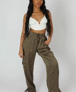 Kaiia SPLIT HEM SATIN ELASTICATED WAIST WIDE LEG CARGO TROUSERS KHAKI CLOTHING