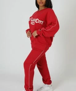 Kaiia OVERSIZED VARSITY PIPING DETAIL SWEATSHIRT RED