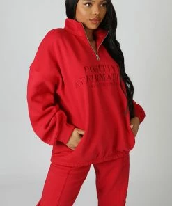 Kaiia CLOTHING HALF ZIP TONAL EMBROIDERED SWEATSHIRT RED