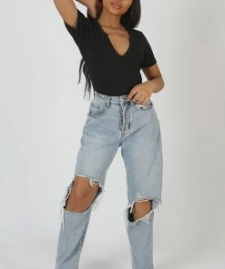 Kaiia KNOTCH FRONT SHORT SLEEVE RIBBED BODYSUIT BLACK CLOTHING