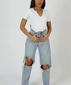 Kaiia KNOTCH FRONT SHORT SLEEVE RIBBED BODYSUIT WHITE CLOTHING