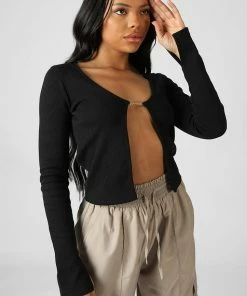 KAIIA TRIM RIBBED TOP BLACK CLOTHING