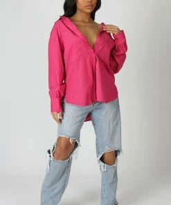 Kaiia CLOTHING OVERSIZED POCKET POPLIN SHIRT PINK