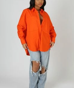 Kaiia OVERSIZED POCKET POPLIN SHIRT ORANGE CLOTHING