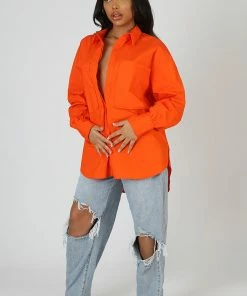 Kaiia OVERSIZED POCKET POPLIN SHIRT ORANGE CLOTHING