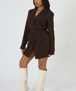 Kaiia WRAP BELT BLAZER DRESS CHOCOLATE CLOTHING