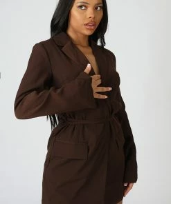 Kaiia WRAP BELT BLAZER DRESS CHOCOLATE CLOTHING