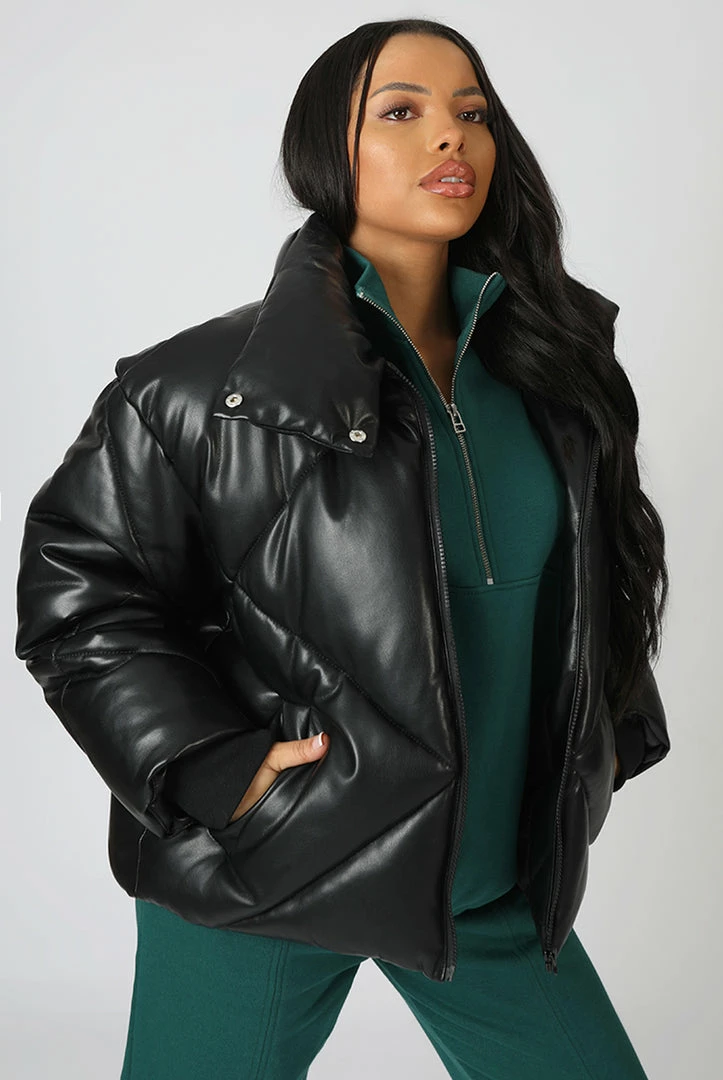 Kaiia CLOTHING PU QUILTED PUFFER JACKET BLACK 7 Kaiia CLOTHING PU QUILTED PUFFER JACKET BLACK