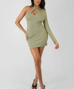 Kaiia CLOTHING ONE SLEEVE CROSS STRAP ASYMMETRIC MINI DRESS SAGE