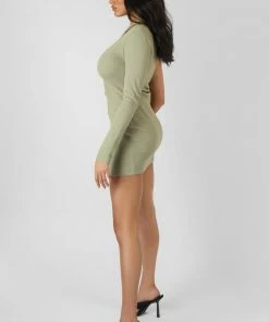 Kaiia CLOTHING ONE SLEEVE CROSS STRAP ASYMMETRIC MINI DRESS SAGE