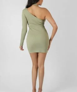 Kaiia CLOTHING ONE SLEEVE CROSS STRAP ASYMMETRIC MINI DRESS SAGE