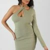 Kaiia CLOTHING ONE SLEEVE CROSS STRAP ASYMMETRIC MINI DRESS SAGE