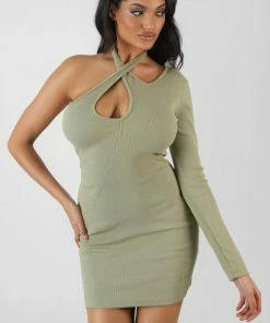 Kaiia CLOTHING ONE SLEEVE CROSS STRAP ASYMMETRIC MINI DRESS SAGE
