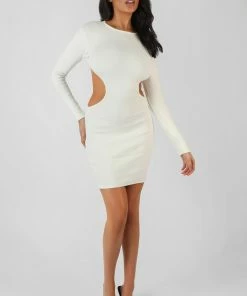 Kaiia RIBBED CUT OUT WAIST DRESS IVORY CLOTHING