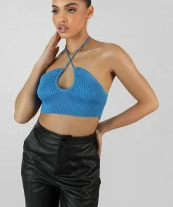 Kaiia BLUE CUT OUT HALTERNECK CROP TOP CLOTHING