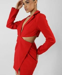 Kaiia CLOTHING CUT OUT CHAIN WAIST BLAZER DRESS RED 9 Kaiia CLOTHING CUT OUT CHAIN WAIST BLAZER DRESS RED