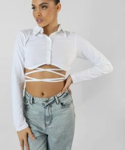 Kaiia STRAPPY TIE WAIST CROPPED POLO SHIRT WHITE CLOTHING