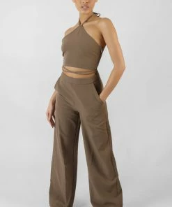 Kaiia CLOTHING HALTERNECK WAIST STRAPPING CROP TOP TAUPE