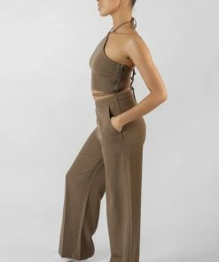 Kaiia CLOTHING HALTERNECK WAIST STRAPPING CROP TOP TAUPE