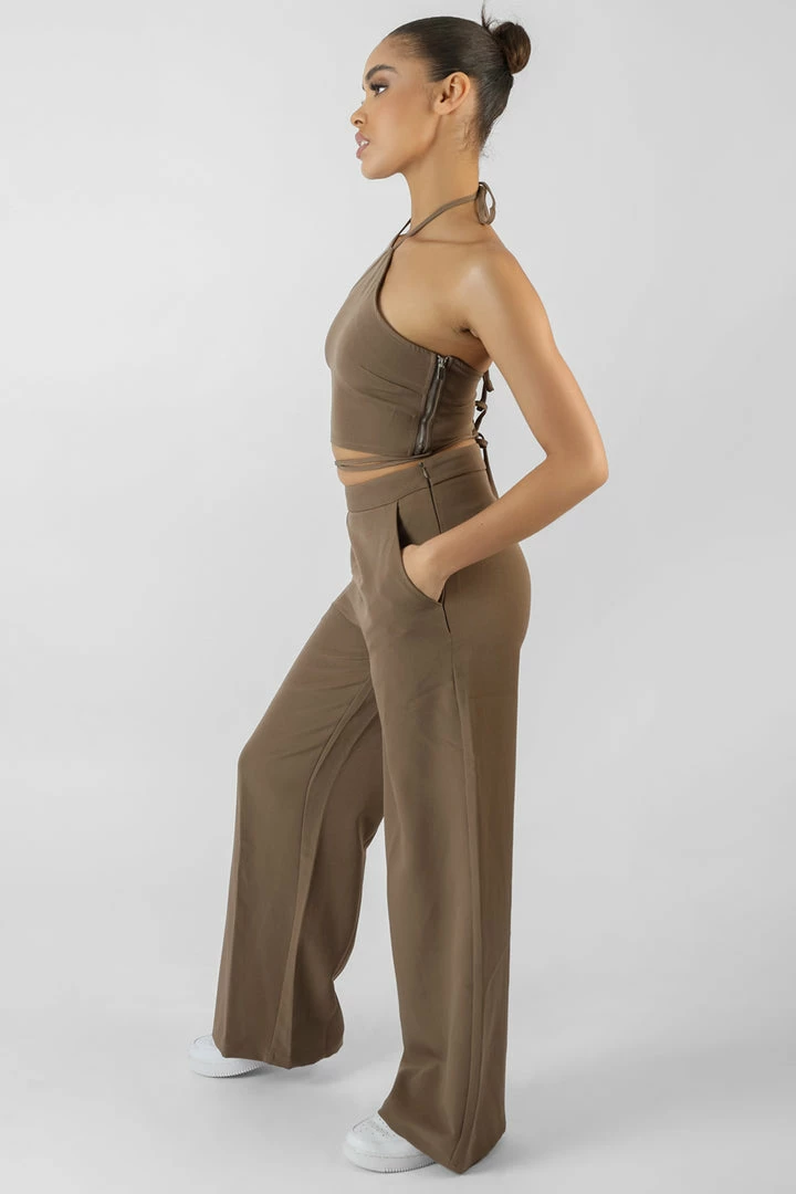 Kaiia CLOTHING HIGH WAIST WIDE LEG TROUSER TAUPE 5 Kaiia CLOTHING HIGH WAIST WIDE LEG TROUSER TAUPE