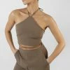 Kaiia CLOTHING HALTERNECK WAIST STRAPPING CROP TOP TAUPE 2 Kaiia CLOTHING HALTERNECK WAIST STRAPPING CROP TOP TAUPE