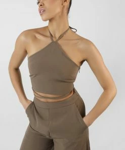 Kaiia CLOTHING HALTERNECK WAIST STRAPPING CROP TOP TAUPE